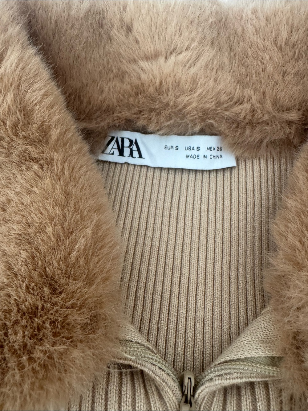 Zara Ribbed Zip-Neck Sweater with Faux Fur Collar - Beige - Picture 3 of 3